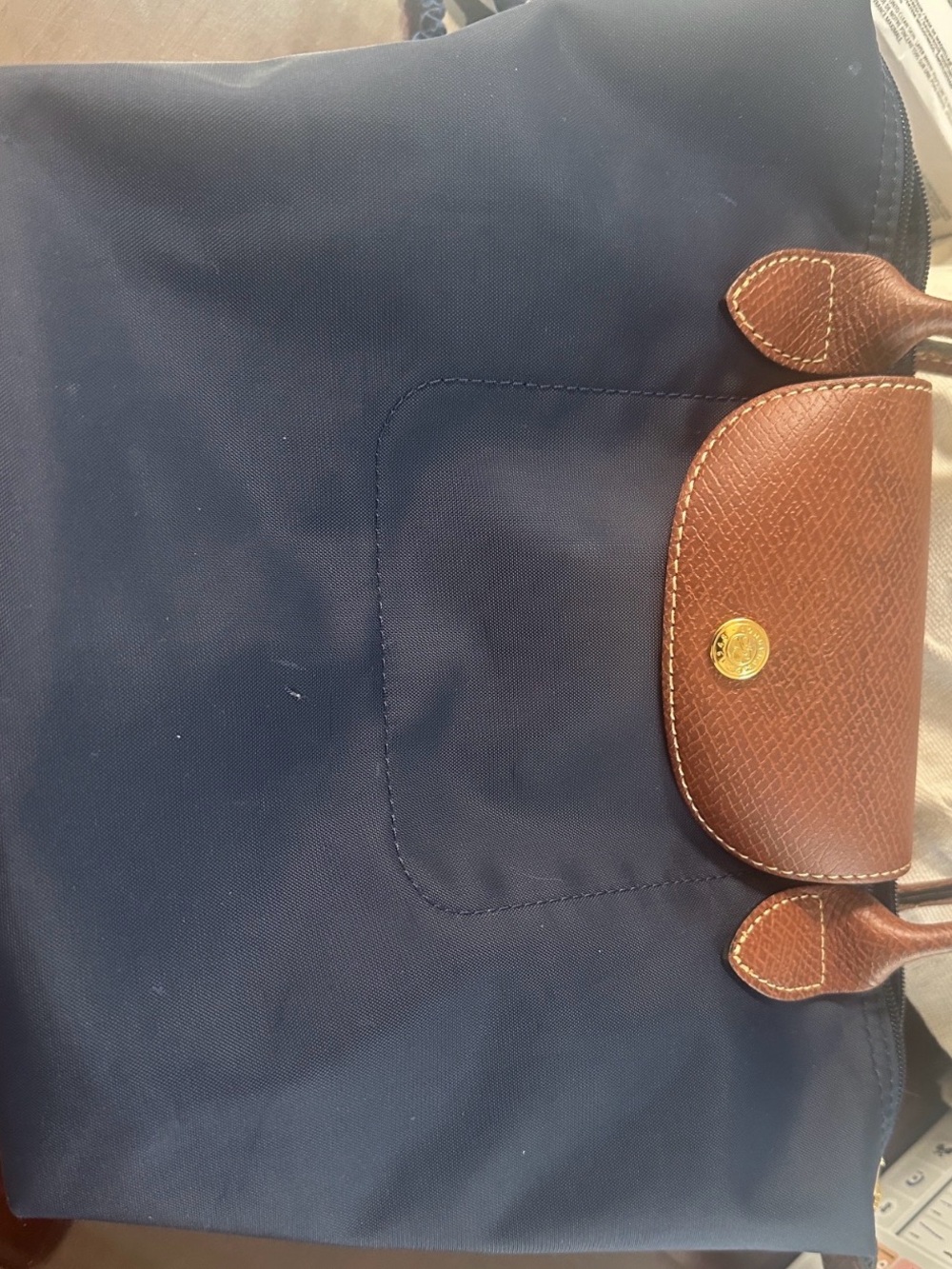 Le pliage small Navy Tote Bag with Brown Leather Trim